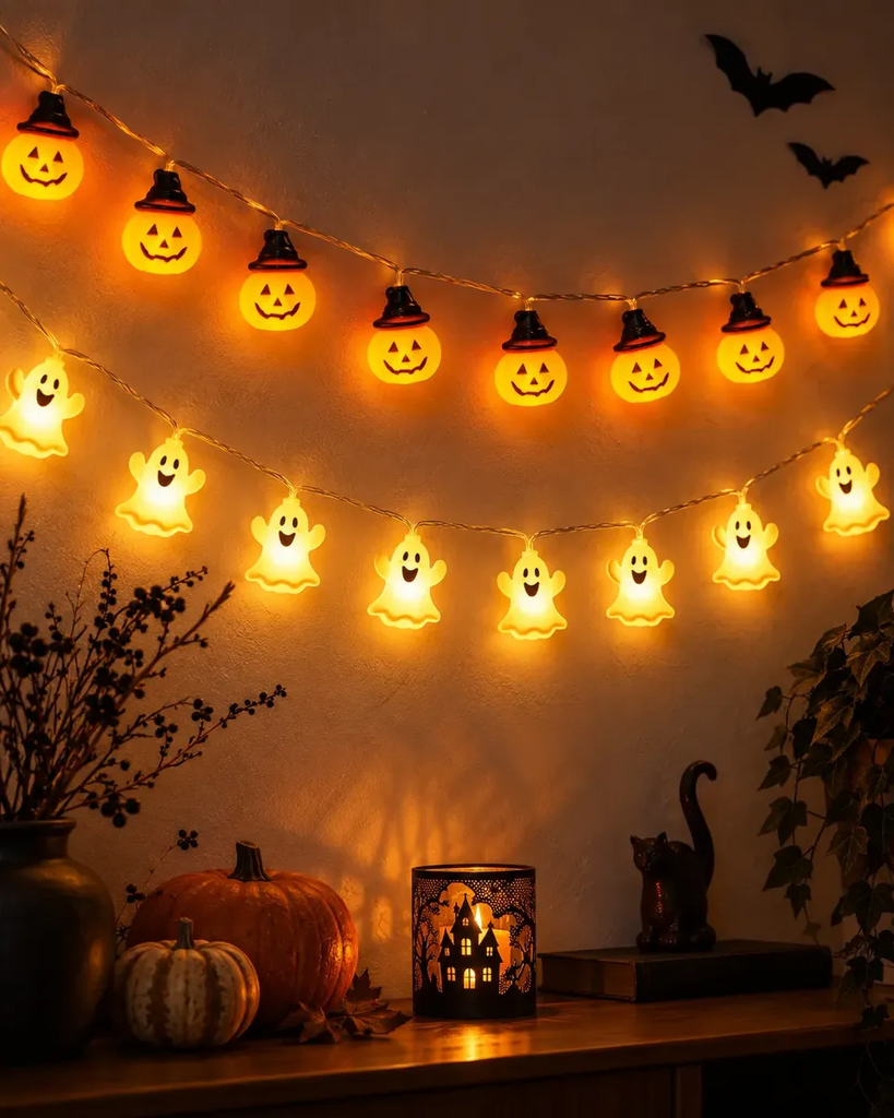 Decoração Abóbora Fantasma Led Varal Halloween Bruxa