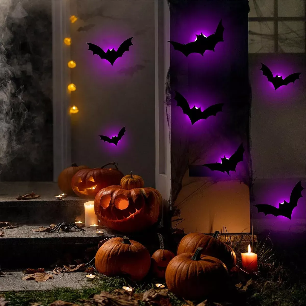 Decoração Halloween Morcegos 3d Com Led, 24 Peças