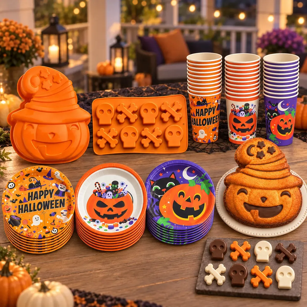Kit Festa Halloween com Forma de bolo Forma de doces em silicone Pratos e Copos